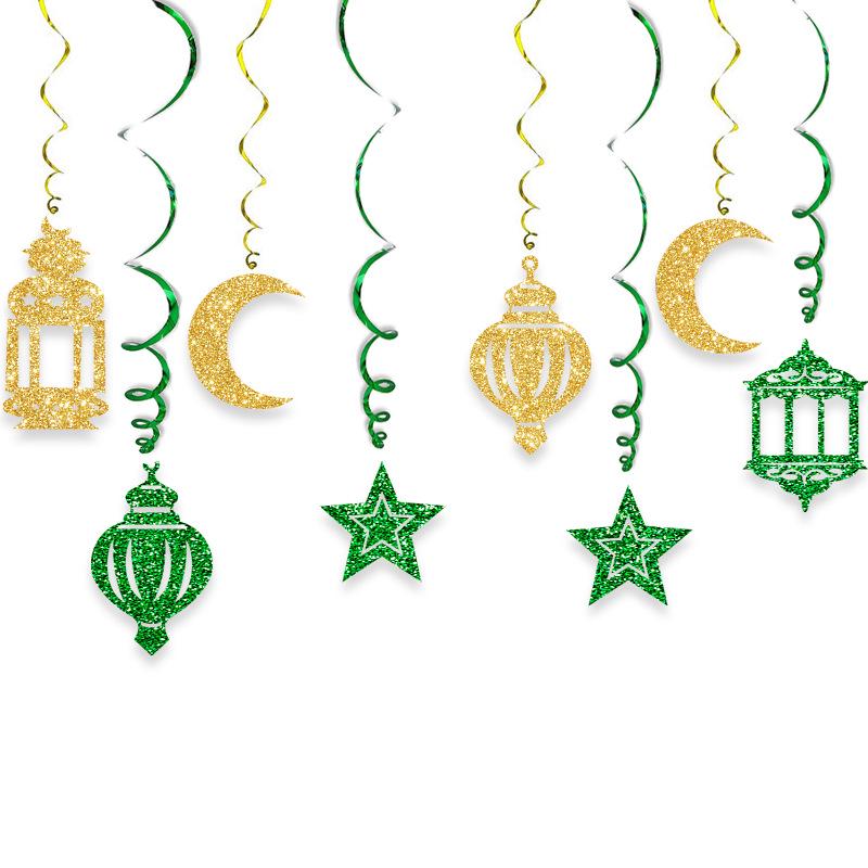 Spirálové ozdoby z hvězd a měsíce ve tvaru blízkovýchodních luceren pro dekorace k svátku Eid