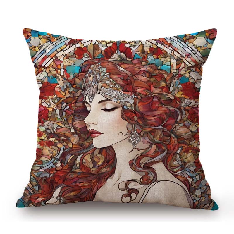 Nouveau Art Mucha Style Stained Glass Eleglant Lady Divine Witch Retro Decoration Art Sofa Pillow Case Linen Cushion Cover