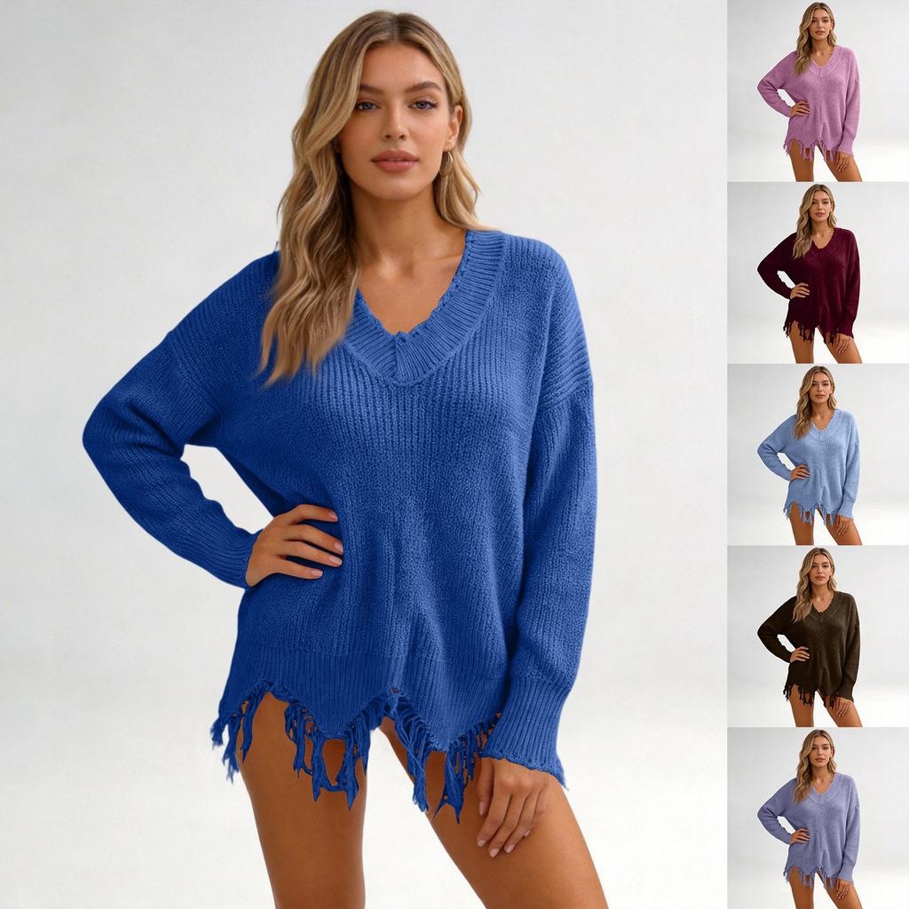 Women's Loose Fit Deep V-Neck Pullover Knit Sweater for Casual Fashion