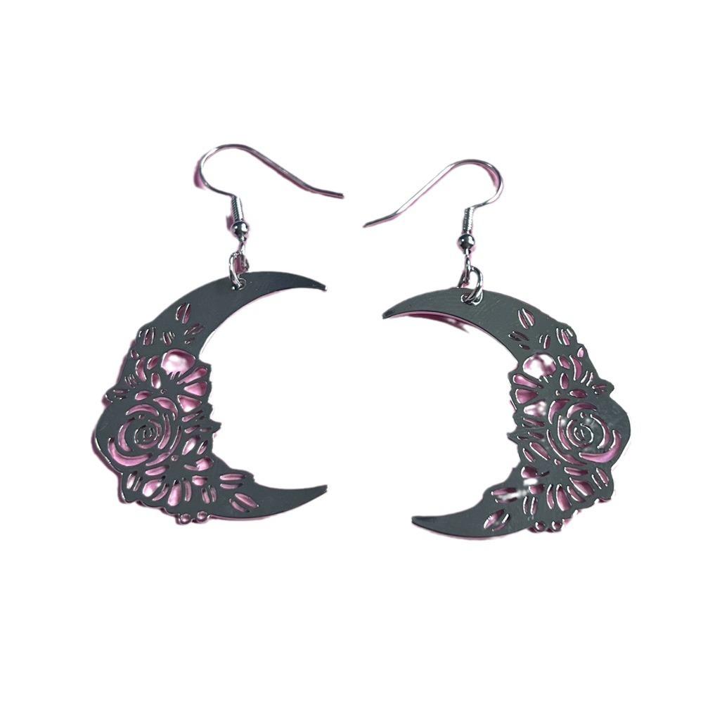 Temperament Goth Gold Color Hollowed-out Rose Flower-patterned Crescent Moon Dangle Earrings for Women Retro Charm Jewelry Gifts