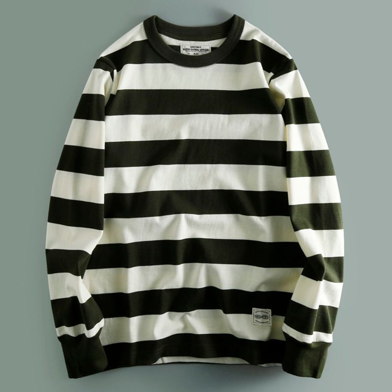 Heavy 280G Double Yarn! European and American Retro Washed Pure Cotton Stripe Long sleeve Loose round Neck Casual Bottoming Shirt Hoodie