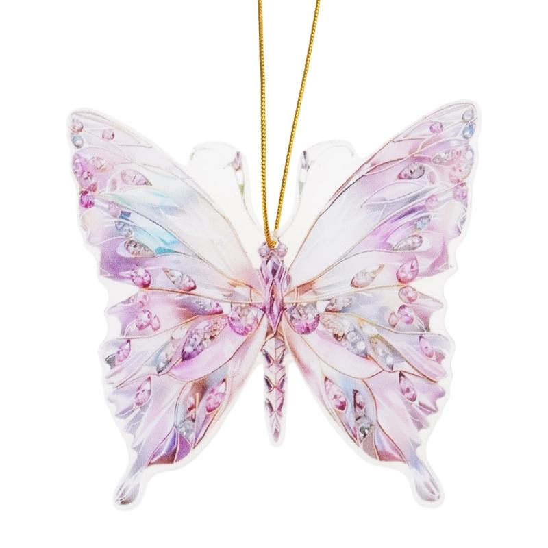 Colorful Acrylic Butterfly Pendant with Crystal Like Detail 2D Flat Ornament for Car Rear Mirror and Window Decoration