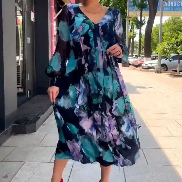 Spring/Autumn 2023 Women's V-neck Slimming Print Long Dress - European & American Fashion