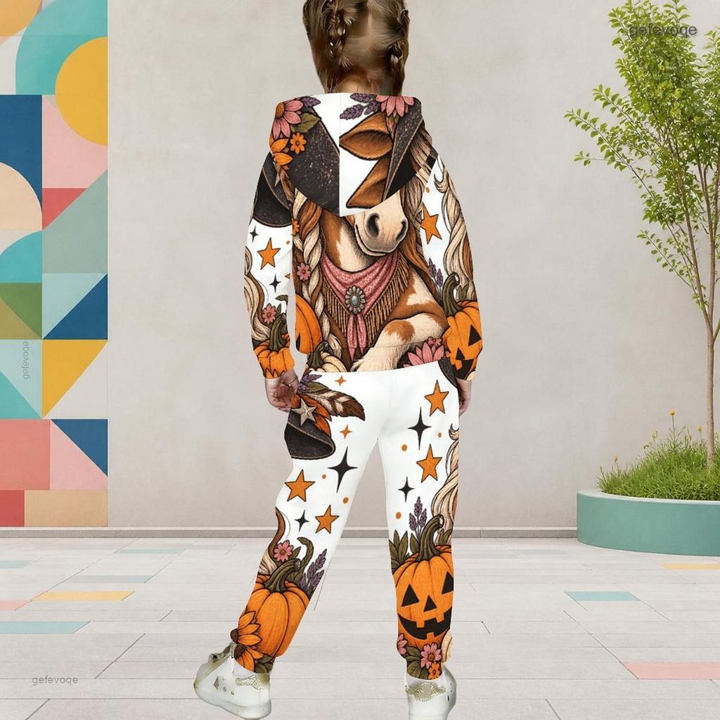 Girls Hooded Long Sleeve Owl Book Printed Two Piece Set Kangaroo Pocket Cuffed Pants