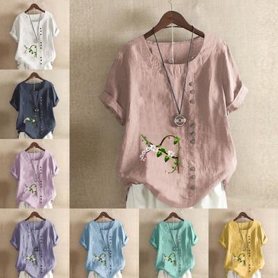 Damenmode Rundhals Kurzarm T-Shirt Lässig Baumwolle Leinen Grafikshirt Freizeit Locker Blumenmuster Sommerbluse Tops