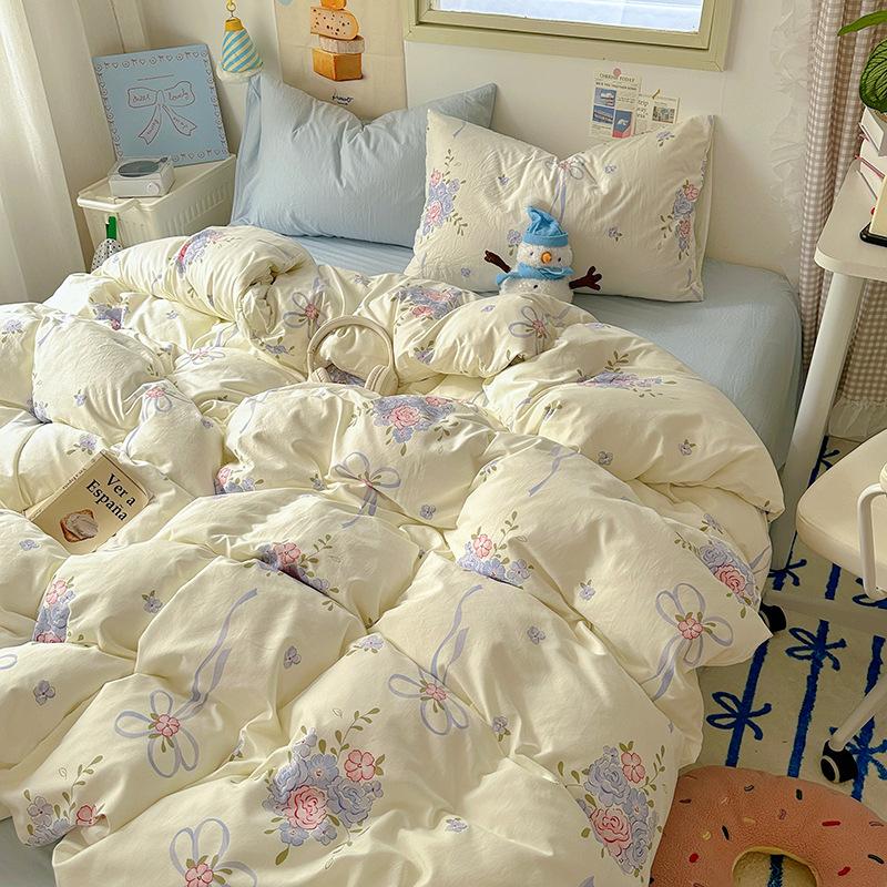 Cream Pure Cotton 4 Piece Bed Sheet Set Washable All Cotton Duvet Cover Pillowcase Class A 3 Piece Set Soft Comfortable Bedding