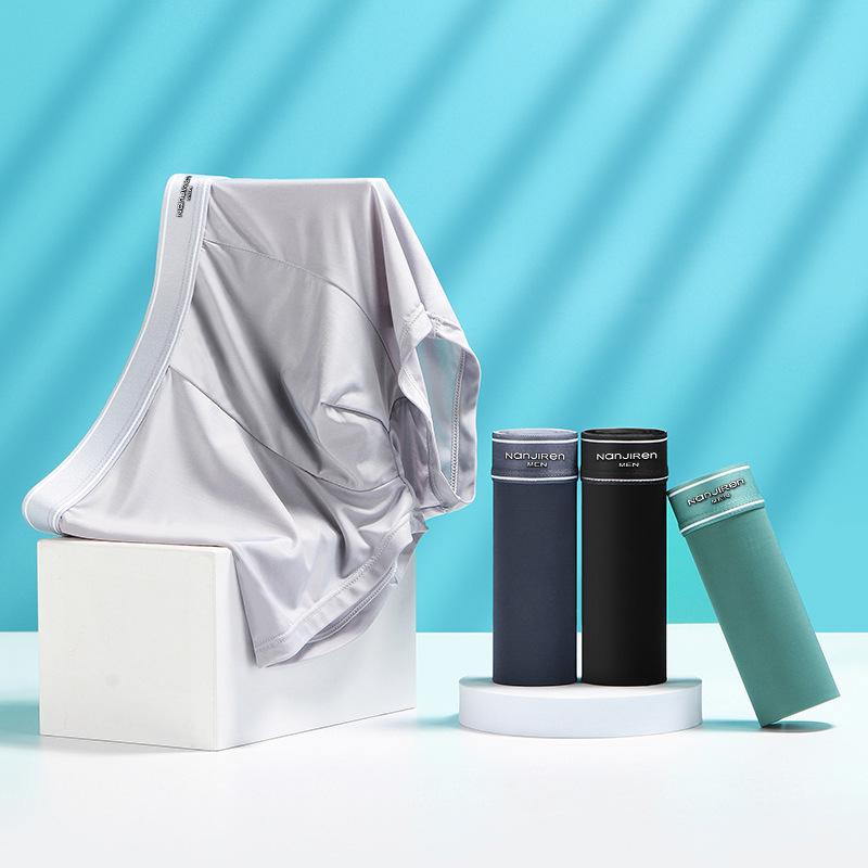 Men's Summer Antibacterial Ice Silk Seamless Boxer Briefs - Breathable, Ultra-Thin, Solid Color, Plus Size