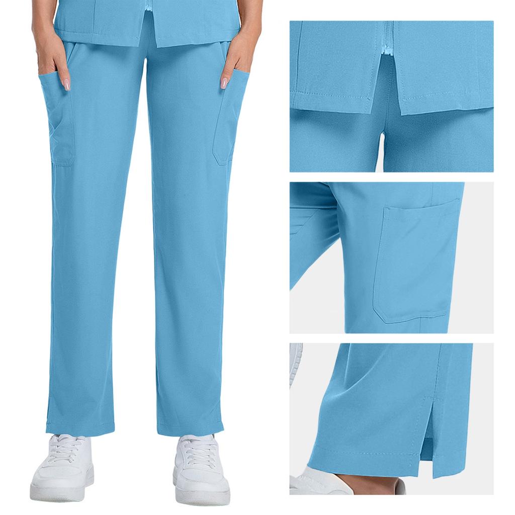 Women's Short Sleeved Color Round Neck Pocket Top Pants Work Clothes Two Piece Set