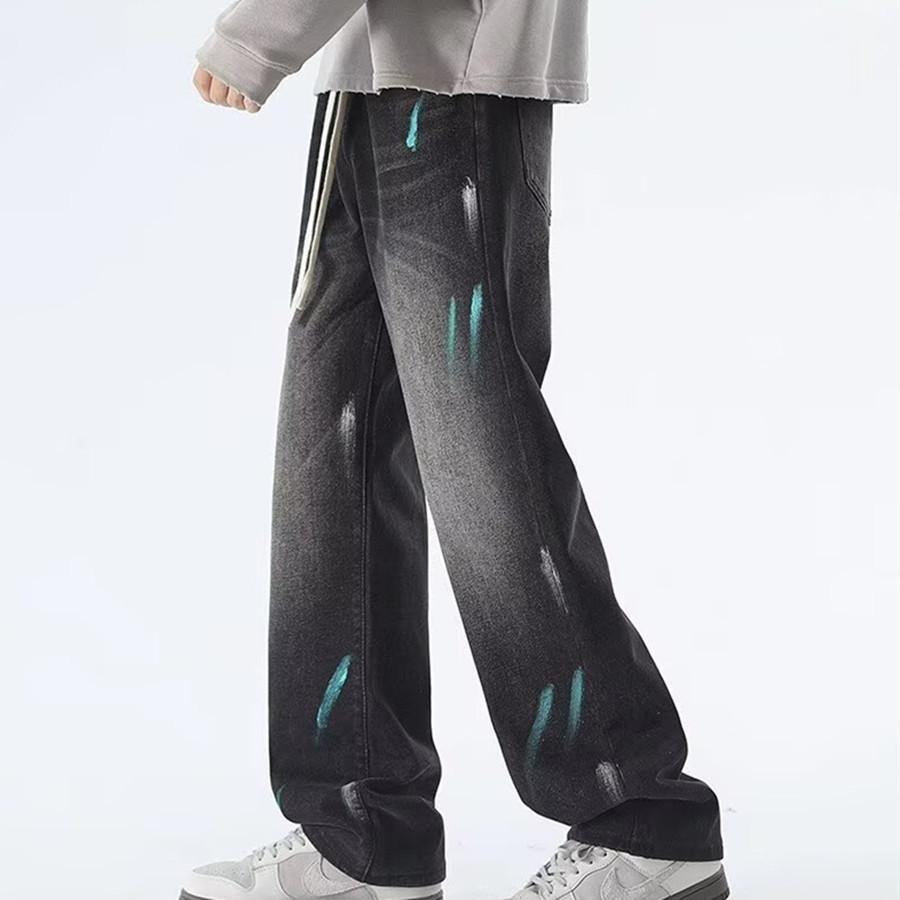 American High Street Tie-dye Ink-splashing Wide-leg Jeans Men's Trendy Brand Washed Autumn Old Style Straight Trousers