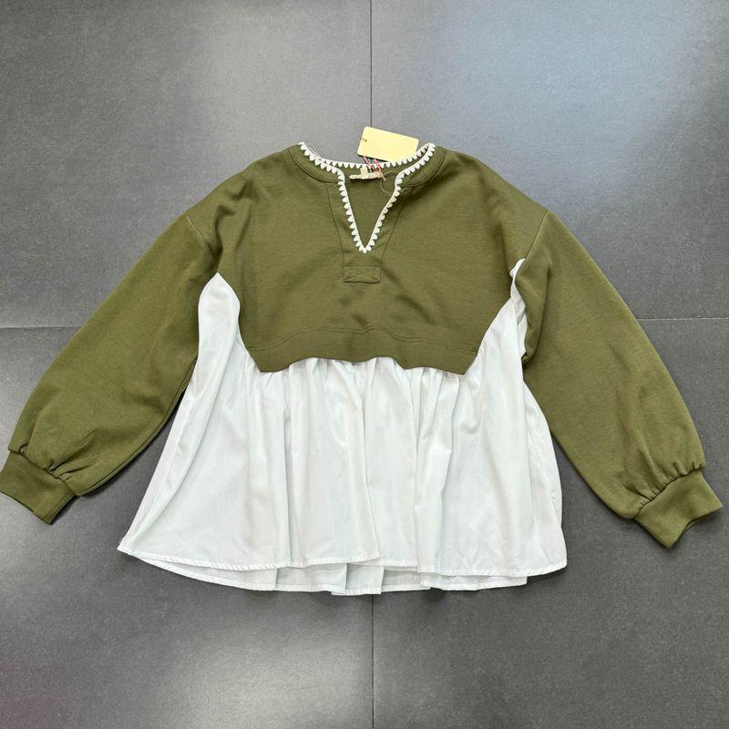 

Export Single Loose Version Doll Shirt V Neck Cute A- line Style Loose Tops Army Green Tops L