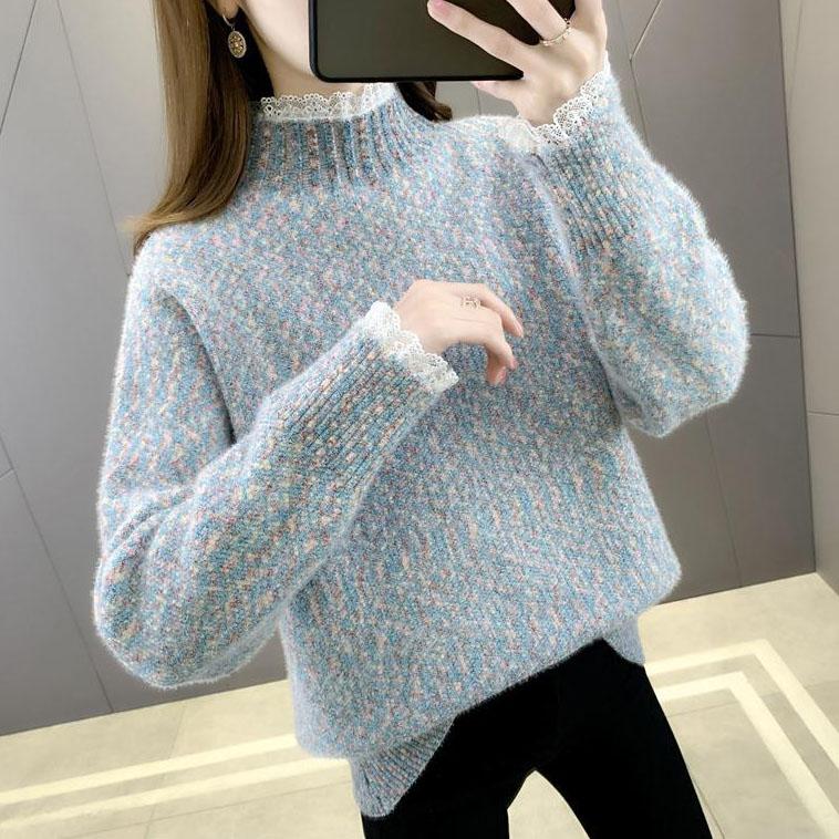 Lace Half High Collar Sweaters Women's Autumn and Winter Large Size Loose Bottom Knitted Pullovers Casual Print Jumpers
