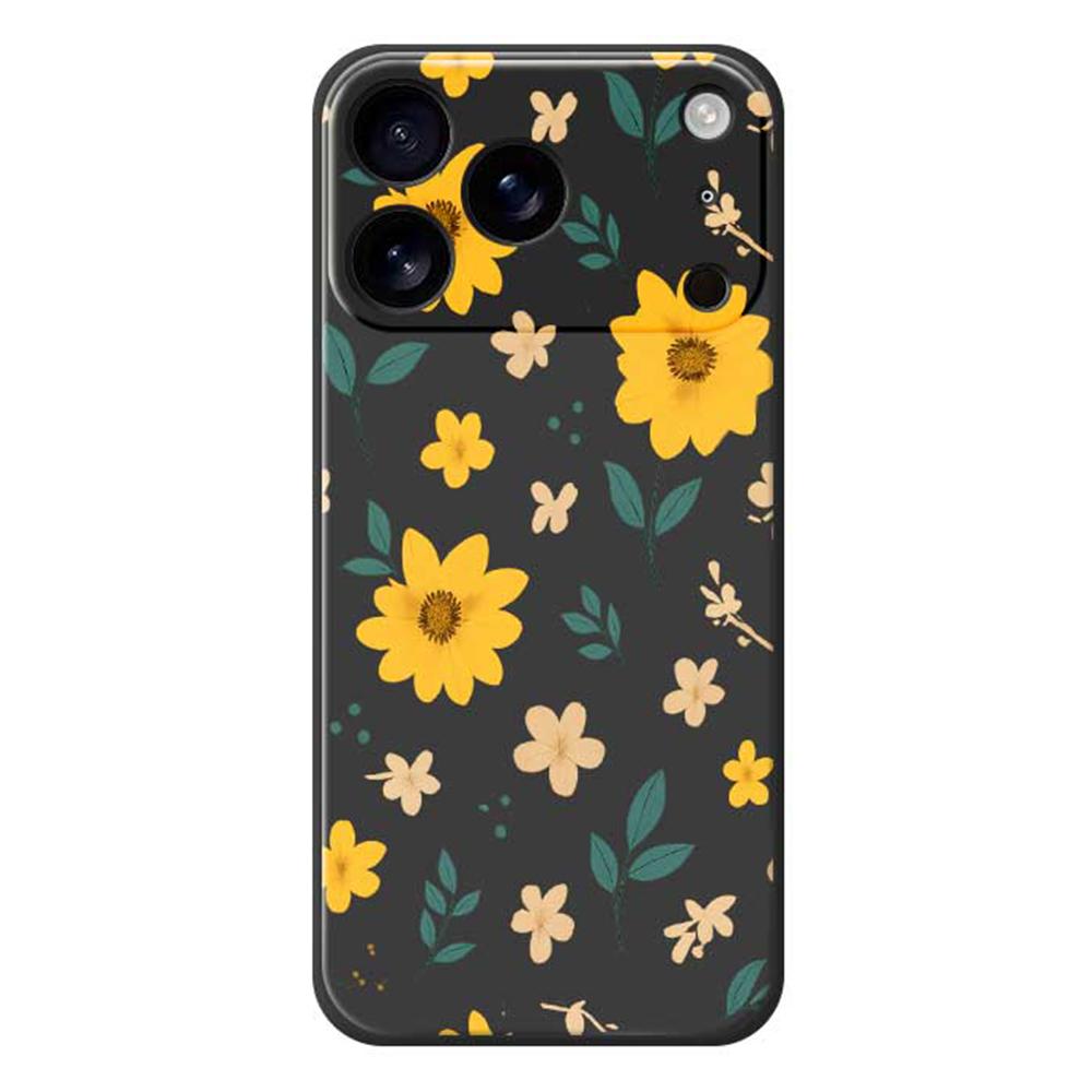 For iPhone 17 Pro Max Case Yellow Floral and Leaves Pattern Printing Straight Edge TPU Phone Back Cover
