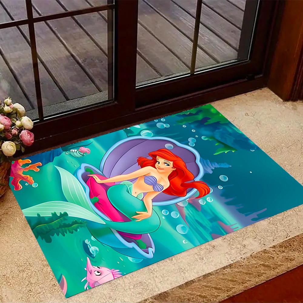 Underwater Mermaid Adventure Disney Cartoon Theme Anti-Slip Rug - Polyester, Home Decor, Suitable for Bedrooms, Living Rooms, Doorways, and Studios