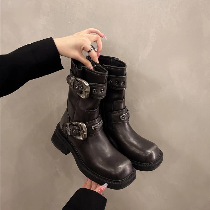 New Autumn Chunky Single Boots Women's Square Metal Belt Buckle Side Zipper Thick Sole Non-slip Mid-calf Boots