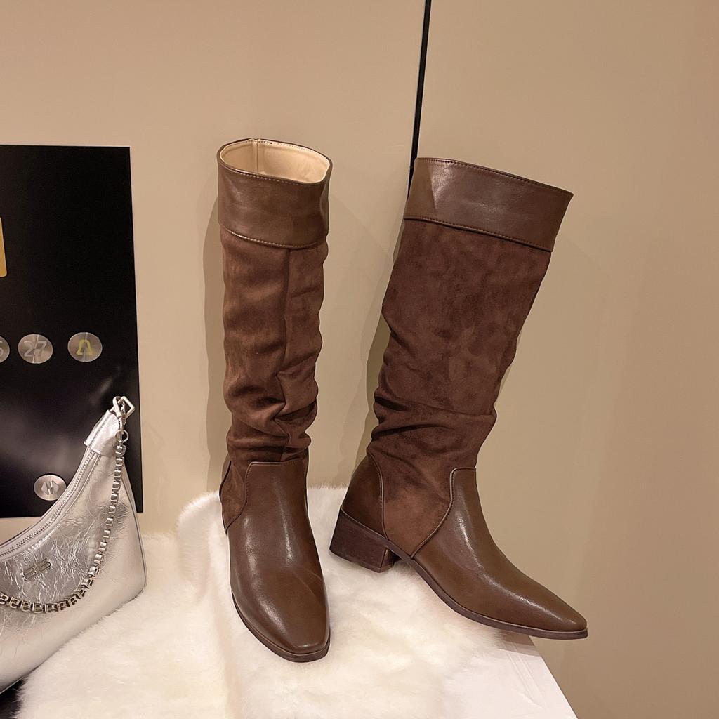 Huge good-looking retro long boots tall boots pleated stacking boots 2025 new pointed thin thick heel knight boots women