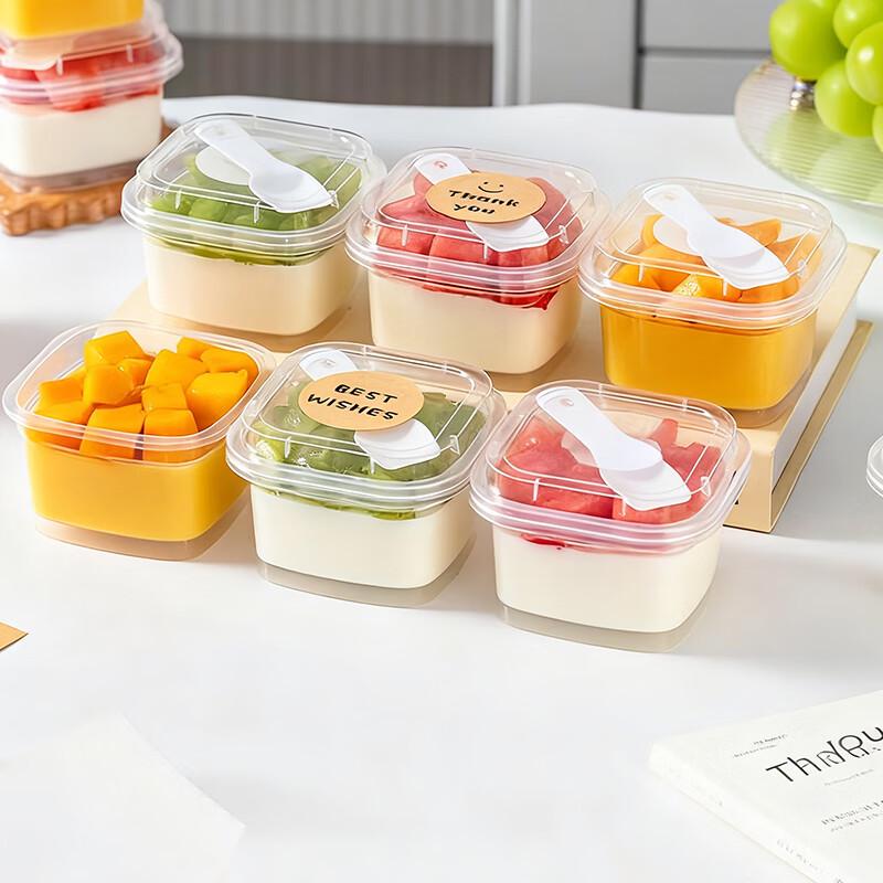 MEIDI Disposable Square Pudding Cups with Spoons Stickers