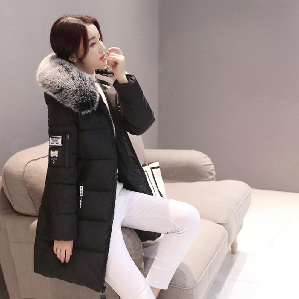 Women Winter Fur Collar Hooded Parka Fashion Letter Patch Zipper Pockets Design Long Jacket Elegant Slim Warm Thick Female Coats