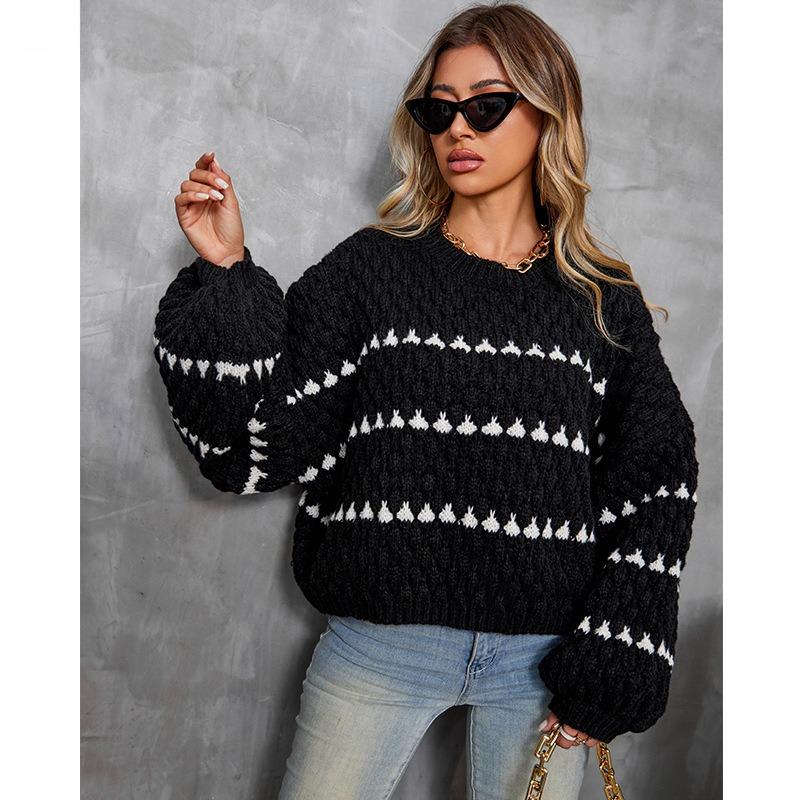 Striped Round Neck Pullover Chunky Needle Sweater Women Loose Lazy Style Long Sleeve Knit Tops