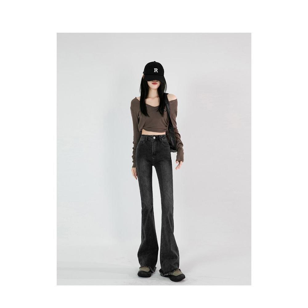 Raw Edge Design Sense Black Gray Micro Flared Jeans Woman