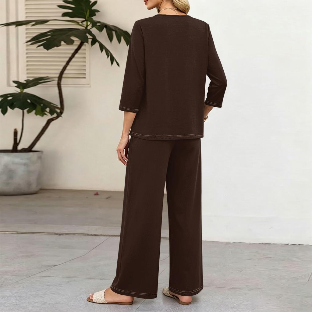 Damen Freizeit Zweiteiler Outfit Set Farbe 3/4 Ärmel Knopfleiste Vorne Oberteil mit Weit Bein Hosen für den Alltag