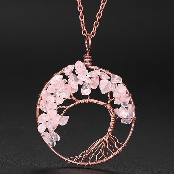 Hand-Wound Natural Stone Crystal Ancient Red Copper Curved Tree Of Life Curved Tree Necklace N01