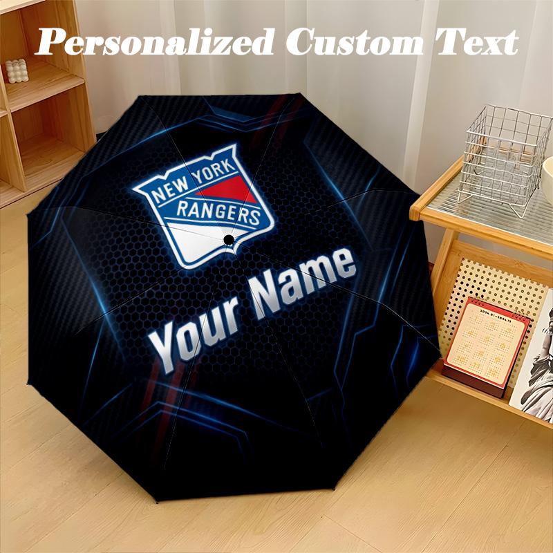 New York Rangers Automatic 8‑ribs Umbrella, Custom Name Text Personalized Folding Umbrella Rain Sun Gift