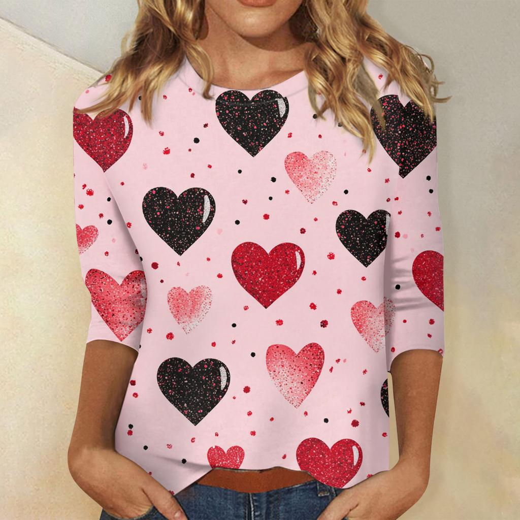 Women's Tops Three-quarter Sleeve Valentine's Day Shirt Round Neck Loose Casual Shirt