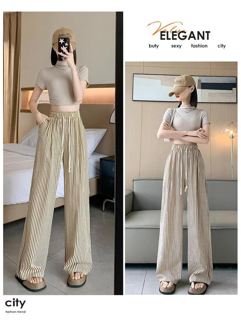 Women's Korean Pinstripe Wide-Leg Pants - Summer Casual, Loose Fit, Elastic Waist & Drawstring, Textured Straight-Leg.