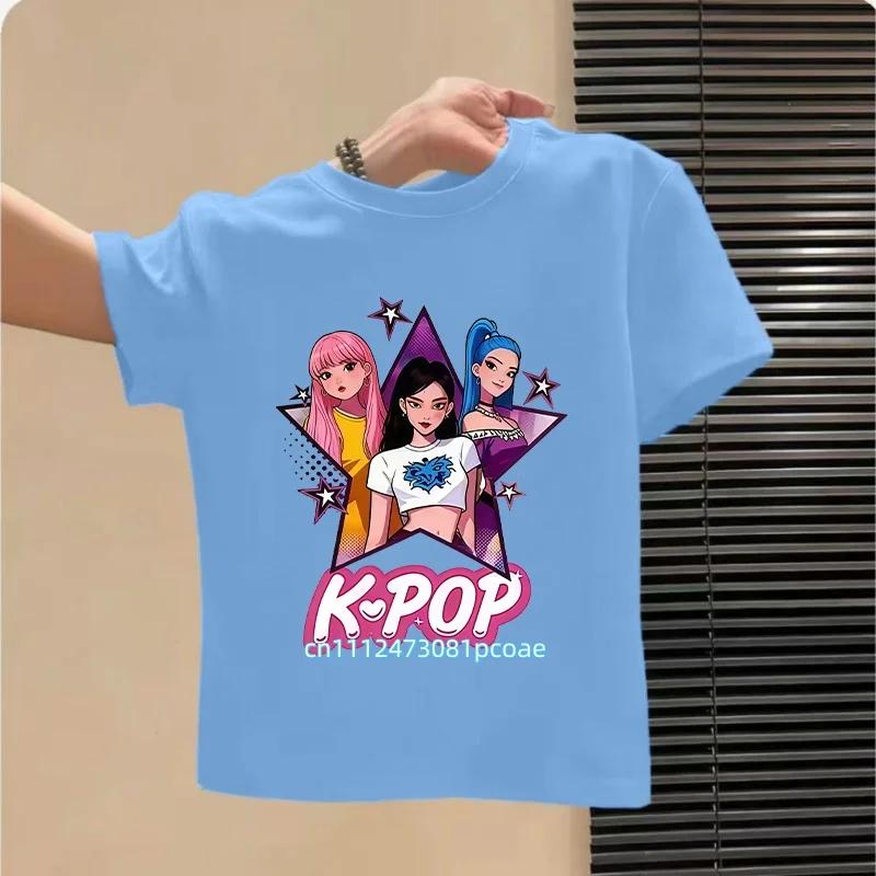 Summer Kpop Popular Cartoon Print Childrens Design Casual Harajuku Style Round Neck Short Sleeved Top Fans Gifts Kids Clothes