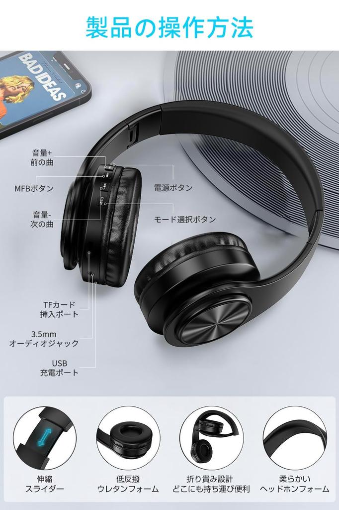 Binoa Wireless Headphones with Bluetooth Up To 38 Hours of Continuous Sound Leakage Adjustable Noise Low Fast TELEC for and Japanese Instruction
