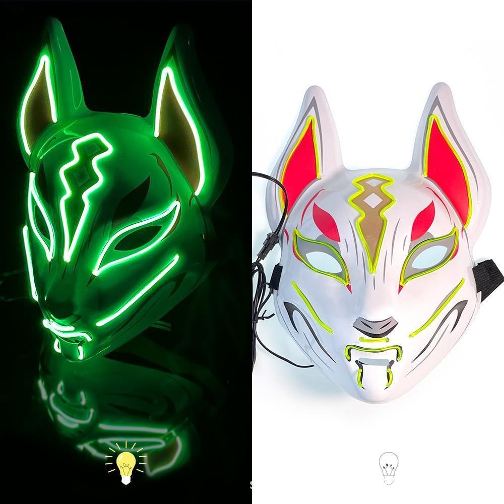 High Quality PVC Japanese Fox Mask Full Face Reusable Halloween Costume Mask Durable LED Neon Light Mask