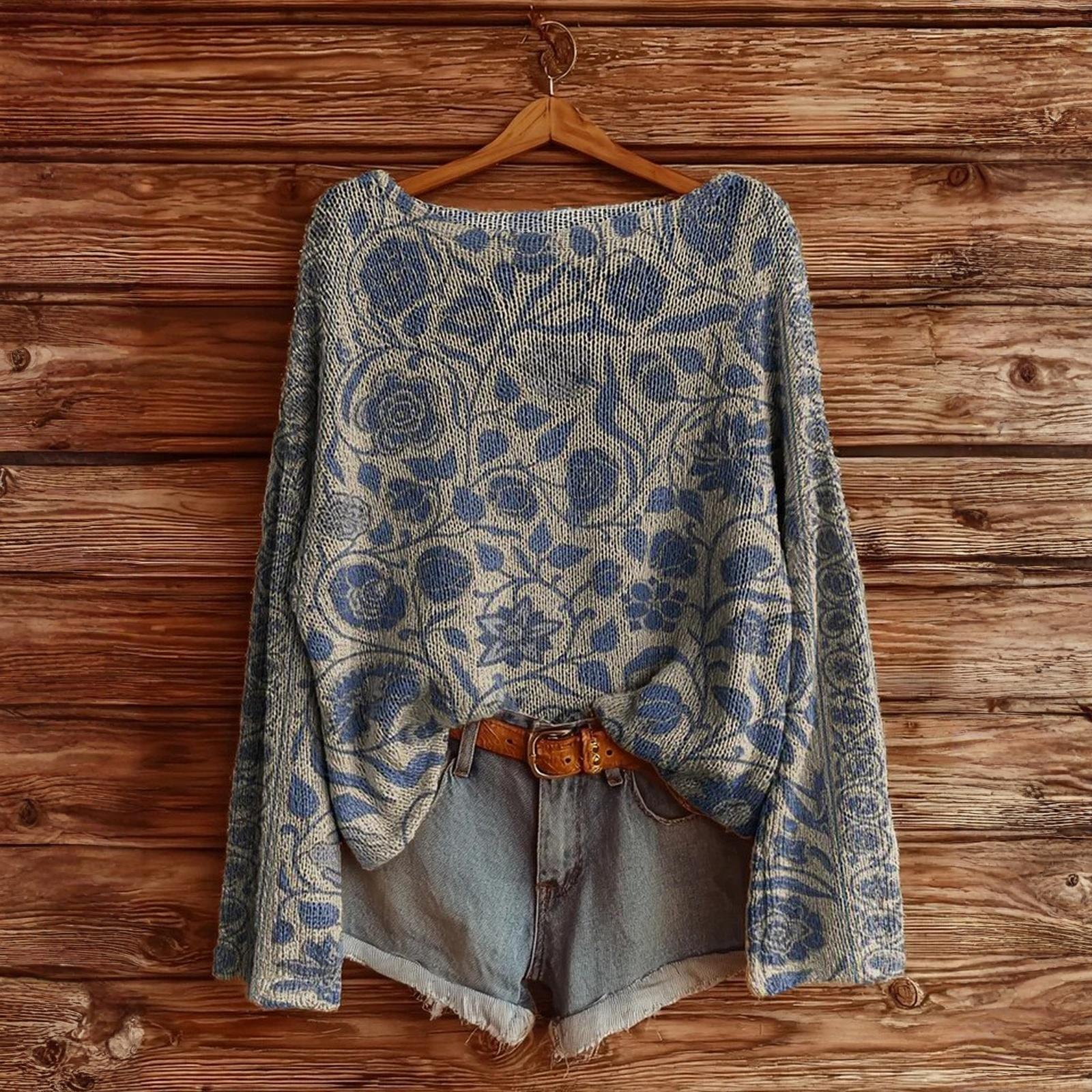 

Женская футболка с винтажным цветочным принтом, круглым вырезом, свободная, с длинным рукавом, средней длины, с большим пальцем, с утечкой XXL синий