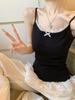 Women's White Bow Spaghetti Strap Ballet Tank Top with Lace Ruffle Hem