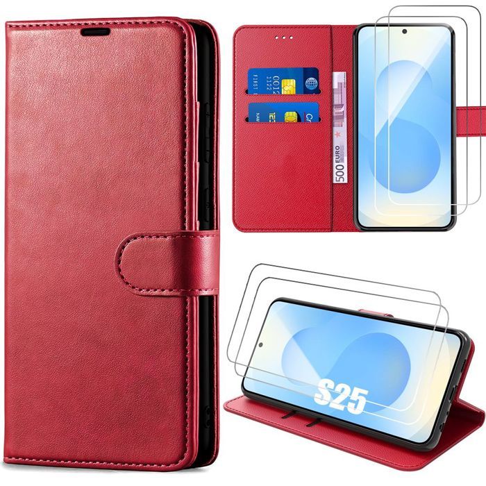 Coque de protection - BOOLING - Samsung Galaxy S25 - Effet Cuir - Rouge - 2 Verres Trempés
