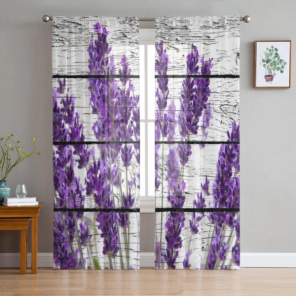 Farm Purple Fresh Flower Lavender Bicycle Tulle Window Curtains Living Room Bedroom Voile Decoration Sheer Made Of Polyester Sitting Decor