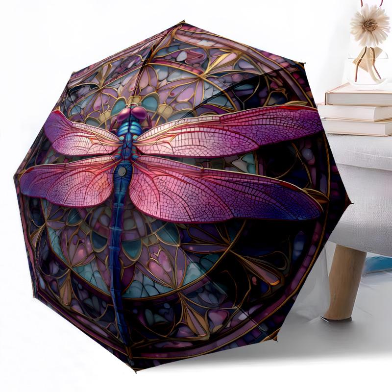 1 szt. Automatyczna parasolka z funkcją składania, projekt Art Nouveau z ważką, składana parasolka z 8 żebrami, kompaktowy design, idealna na przygody na świeżym powietrzu Y8