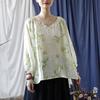 Johnature Women Vintage Ramie T-Shirts V-Neck Long Sleeve Print Floral Green Tees Autumn Loose Casual Women T-Shirts