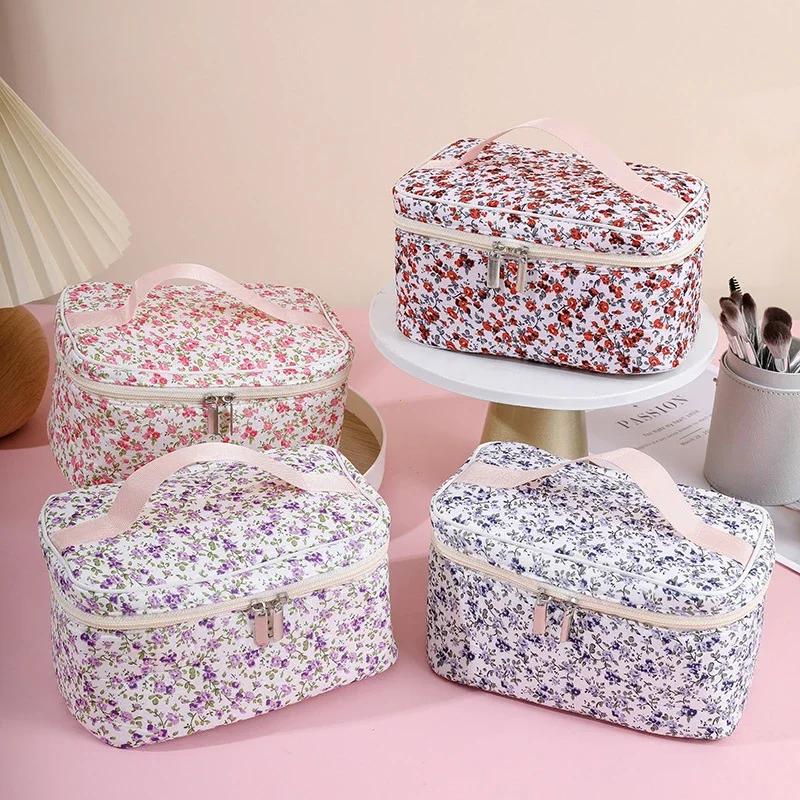 Women Cotton Makeup Bags Vintage Cosmetic Case Flower Large Capacity Tote Portable Cosmetic Storage Handbag Travel Organizer Bag