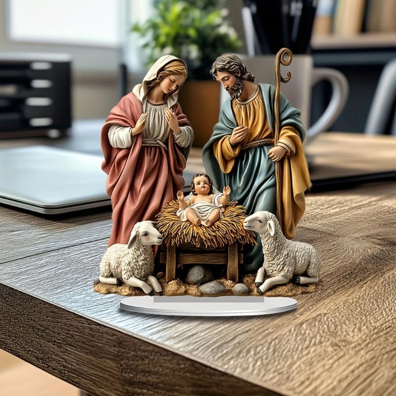 Shatterproof 2D Acrylic Nativity Scene Miniature Figurine Display Art Piece with Base For Home Office Church Desk Decors
