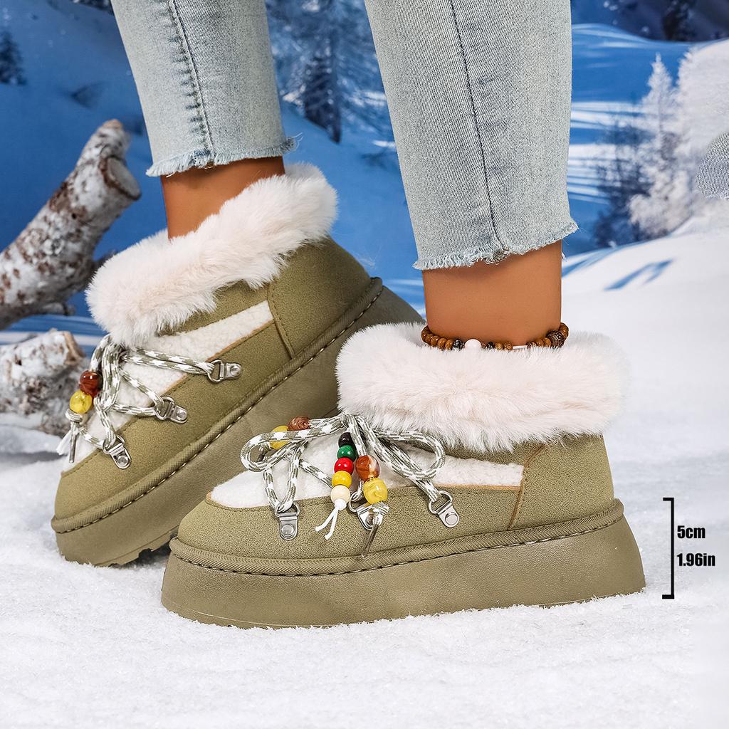 Fashion Fluffy Platform Snow Boots Women Winter 2025 String Bead Decor Faux Fur Cotton Shoes Woman Thick Plush Warm Ankle Boots