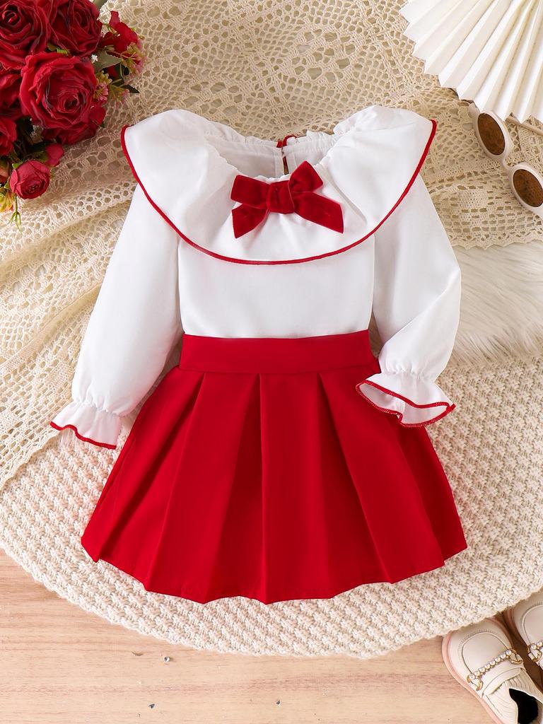 New Girl's European & American Clothing Set: White Long-Sleeve Top + Red Short Skirt