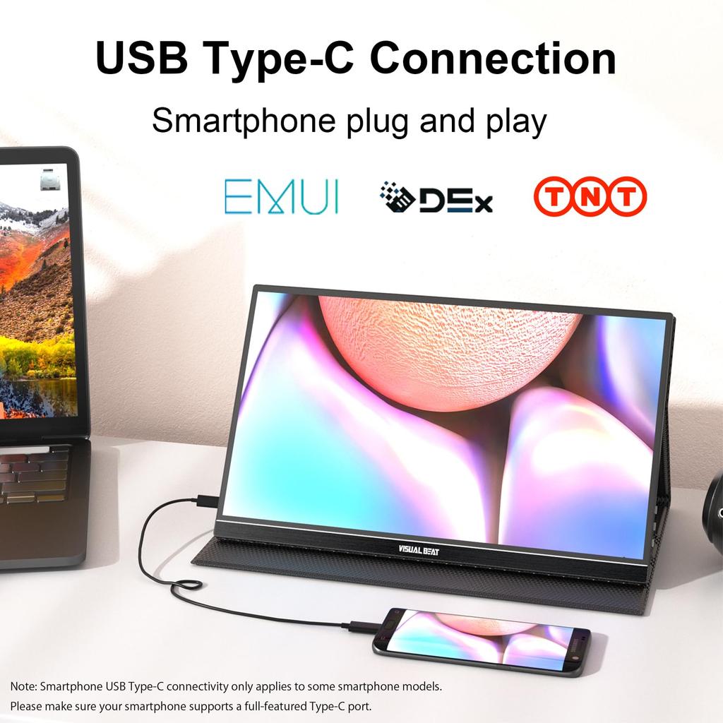 Visual Beat Mobile FHD Portable IPS LCD Standard USB Smart Dual Compatible with Monitor, Touchscreen, 15.6-inch 1080p, USB-C Monitor, Panel, HDMI,