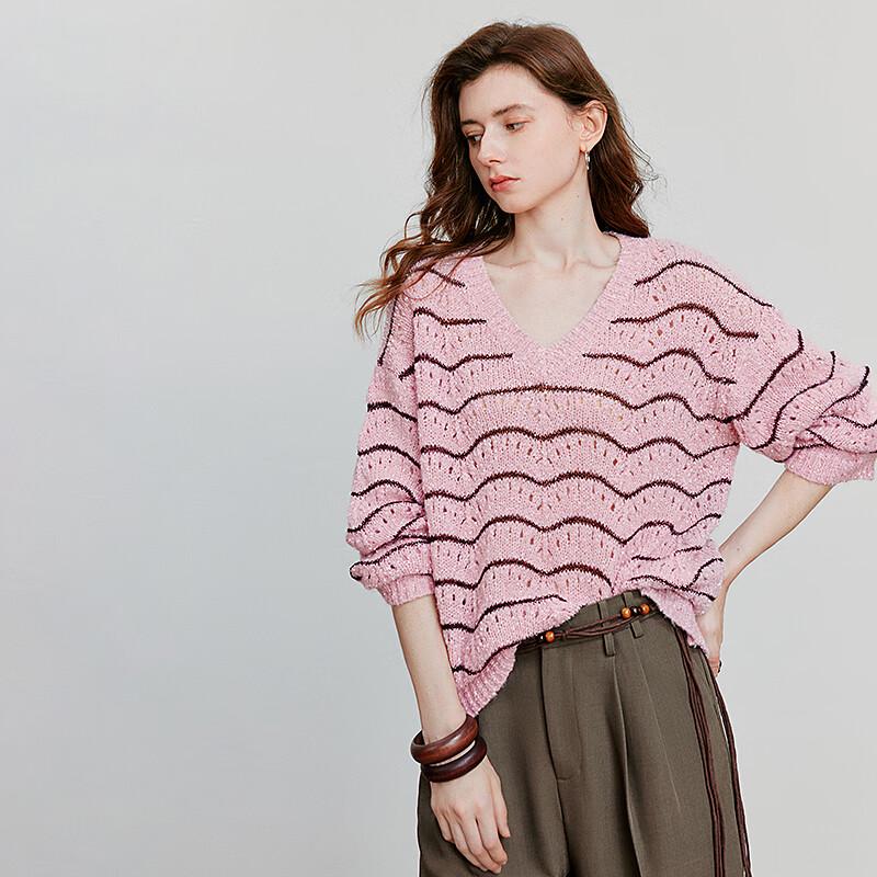 Chuyu Women's Wave Stripe Openwork Knit Cardigan