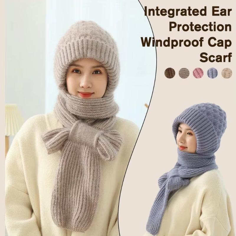 Winter Knitted Integrated Hat Scarf Set Cold Proof Ear Protection Scarf Warm Beanies Cycling Windproof Ladies Outdoor Caps