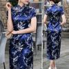 Women Dress Chinese National Style Floral Embroidery Stand Collar Short Sleeves High