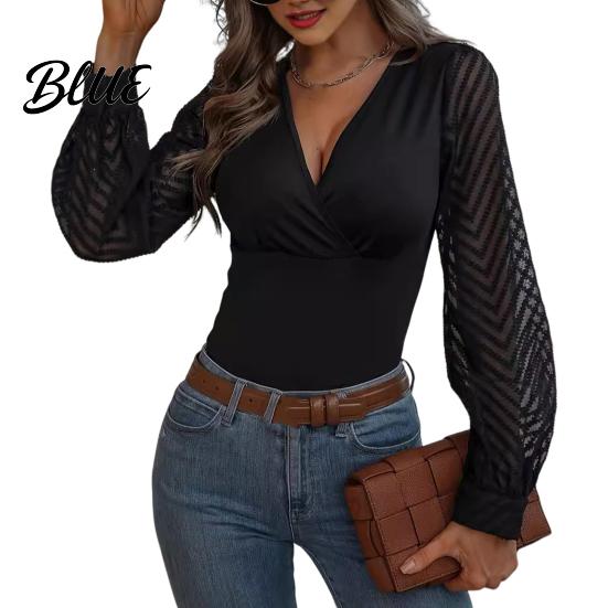 Casual Women Shirt Tops V-Neck See-Through Lantern Long Sleeves Tee Solid Color V-neck Top Slim Fit Pullover Daily Wear Blouse