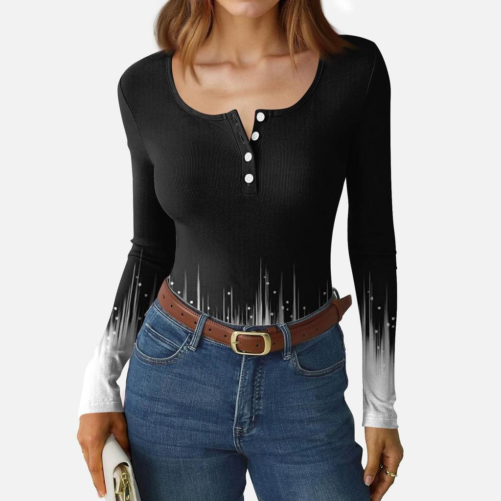 Women's Slim Bottom T-shirt Fashion Casual Gradient Printing Round Neck Pullover Long Sleeve Top