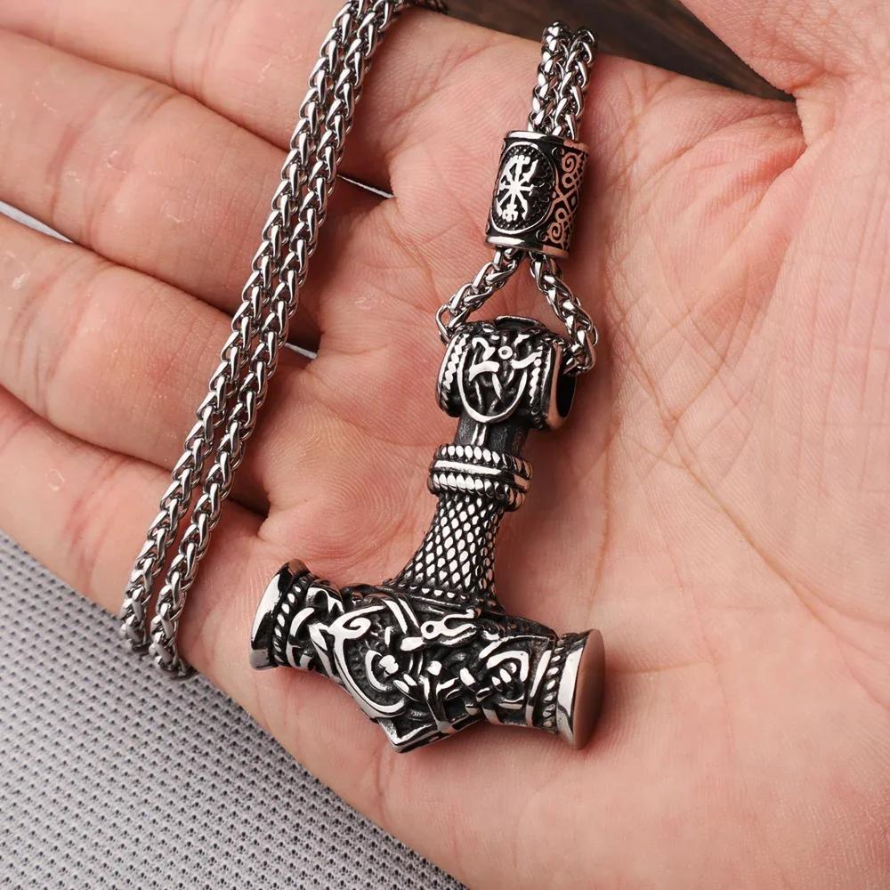 Flerfärgad pärlhalsband med vikingahammare och Thors hammare, rostfritt stål, herrhalsband, Mjolner amulett, smycken