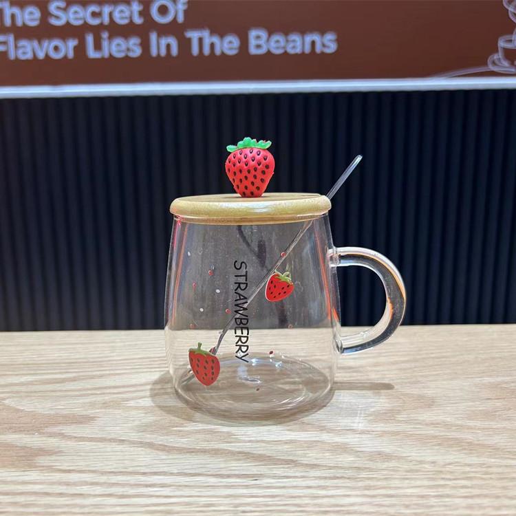 Hitzebeständige Glas-Milchtasse mit Griff Mikrowellenheizung Frühstückstasse mit Deckel Löffel für Haushalt Damen Flacher Boden Wasserbecher