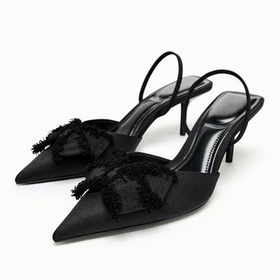Fashion Black Satin Butterfly Knot Decorated Pumps Women Sexy Pointed Toe Slingback Stiletto Sandals Elegant Banquet Dress Shoes